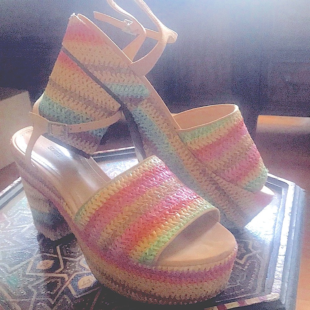 SCUTZ Raffia platform shoes, like new, rainbow colors ,  BoHo, Malibu Beach WOW
